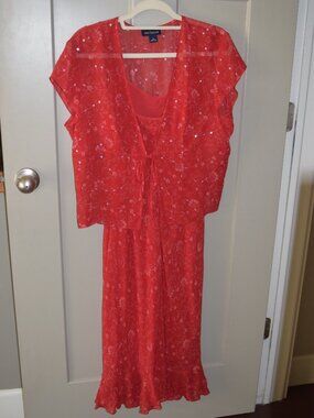 Vintage Y2K Anne Klein Red Floral 2-Piece Midi Dress Set w/ Sequin Sheer Jacket